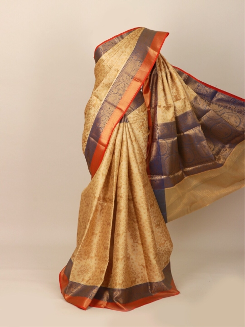 

Pothys Cream-Coloured & Blue Floral Zari Art Silk Banarasi Saree