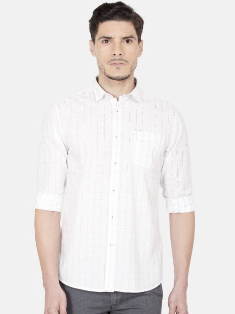 

Oxemberg Men White Slim Fit Grid Tattersall Checks Checked Casual Shirt
