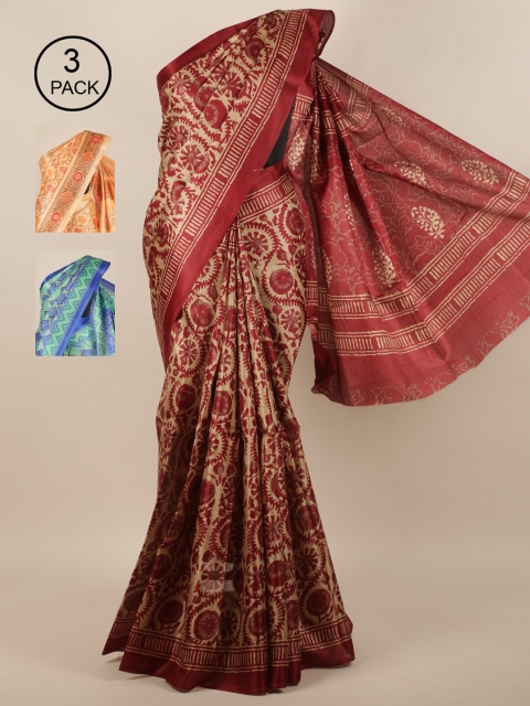 

Pothys Pack of 3 Ethnic Motifs Jute Silk Saree, Tan