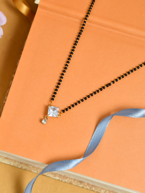 

Silvermerc Designs Gold-Plated Black Beads & Stones-Studded Karmamani Solitaire Mangalsutra