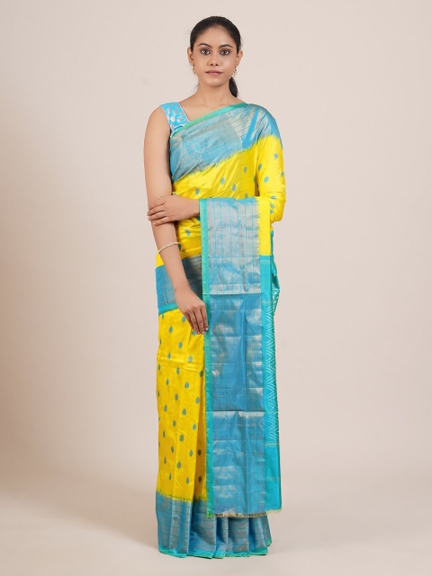 

Pothys Yellow & Turquoise Blue Zari Pure Silk Kanjeevaram Saree