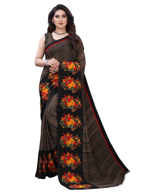 

KALINI Black & Tan Floral Pure Georgette Saree