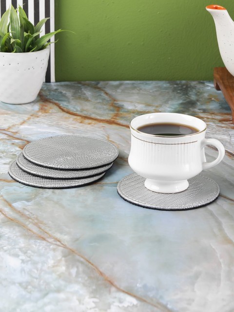 

The Decor Mart Pack Set Of 4 Silver-Toned Faux Leather Circular Coasters