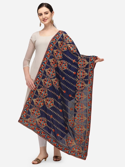 

VASTRANAND Navy Blue & Red Ethnic Motifs Embroidered Dupatta with Thread Work