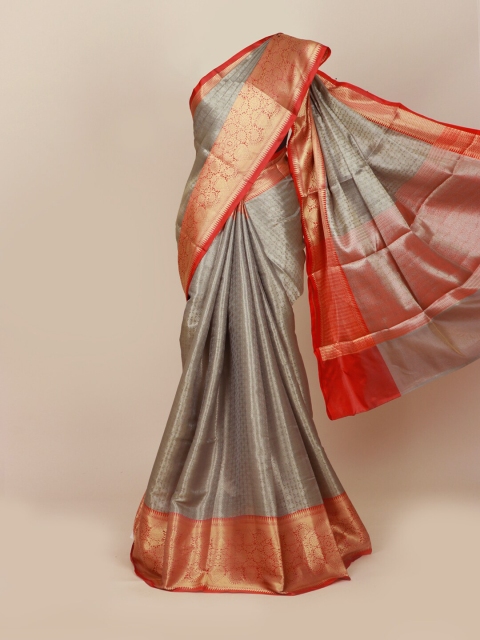 Pothys Grey & Red Ethnic Motifs Art Silk Banarasi Saree