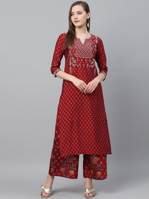 

Ishin Women Maroon Ethnic Motifs Yoke Design Kurta with Palazzos