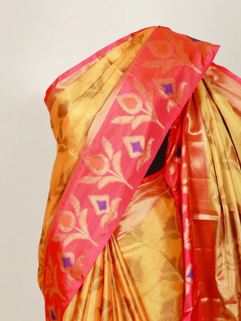 

Pothys Mustard Yellow & Peach-Coloured Floral Art Silk Banarasi Saree