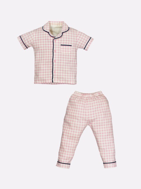 

BABY GO Girls Pink & White Checked Night suit
