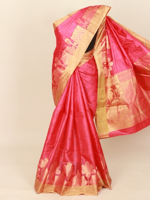 

Pothys Pink & Gold-Toned Zari Pure Silk Tussar Saree