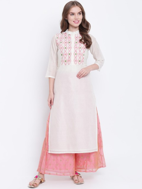 

Shakumbhari Women White & Pink Floral Embroidered Chanderi Silk Chanderi Silk Kurta
