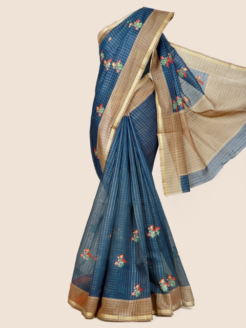 

Pothys Blue & Brown Checked Zari Linen Blend Saree