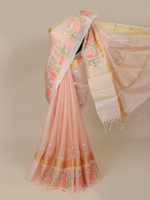 

Pothys Peach-Coloured Floral Embroidered Art Silk Banarasi Saree