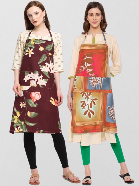 

KLOTTHE Unisex Pack Of 2 Brown & Pink Printed 210TC Cotton Aprons