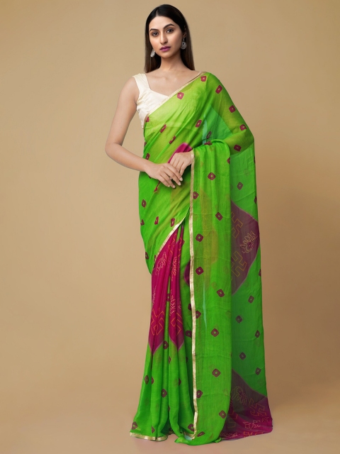 

Unnati Silks Green & Pink Poly Chiffon Bandhani Saree