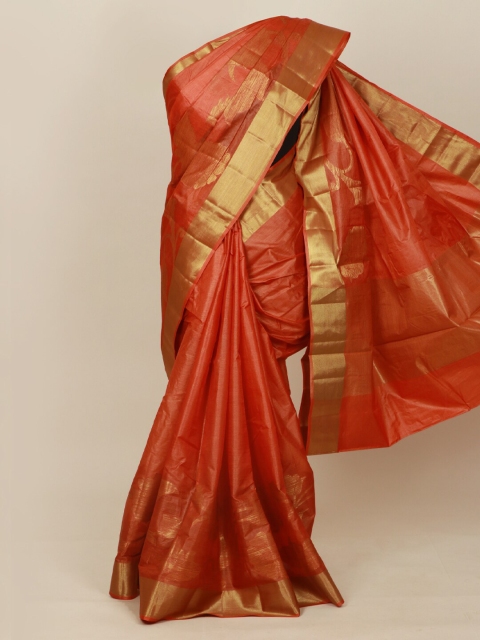 

Pothys Rust & Gold-Toned Zari Pure Silk Tussar Saree
