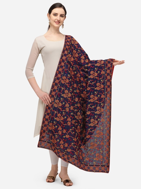 

VASTRANAND Navy Blue & Orange Ethnic Motifs Embroidered Dupatta with Thread Work