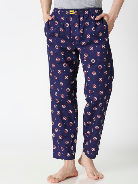 

Bewakoof Men Blue & Red Captain America Shield Printed Pure Poplin Cotton Lounge Pants