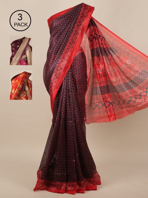 

Pothys Pack of 3 Jute Silk Printed Sarees, Navy blue