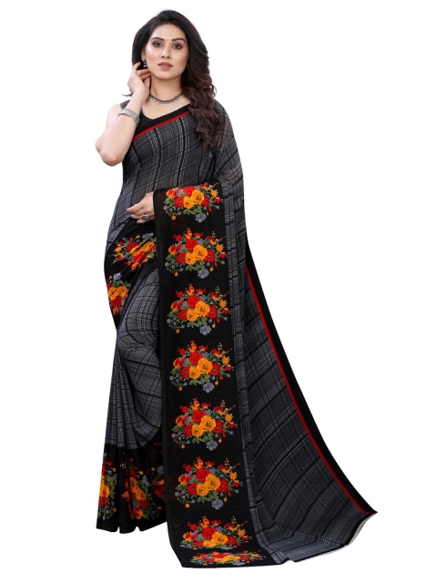 

KALINI Grey & Red Checked Pure Georgette Saree