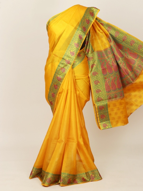 

Pothys Yellow & Green Zari Pure Silk Tussar Saree