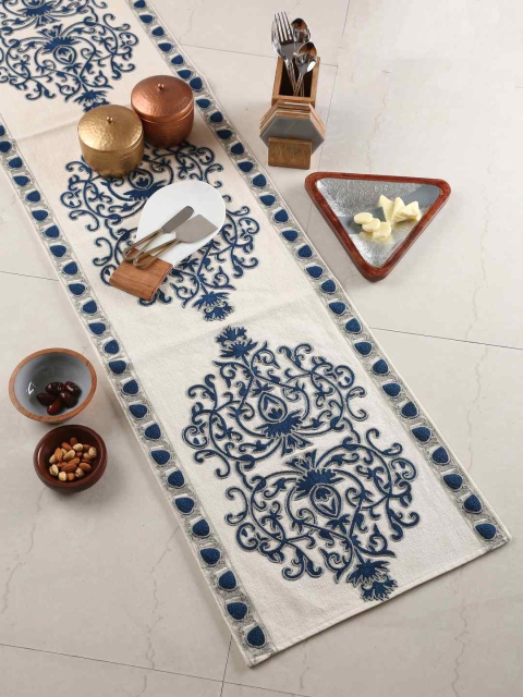 

Amoliconcepts Off-White & Blue Ethnic Motif Printed Pure Cotton Table Runner