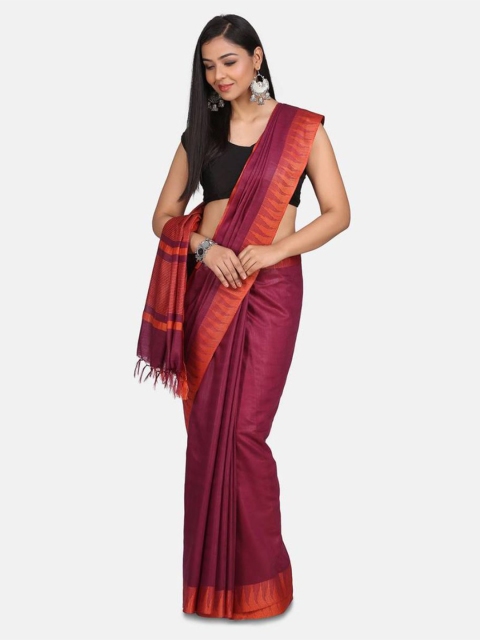 

Mirraw Maroon & Orange Hand Woven Linen Blend Saree