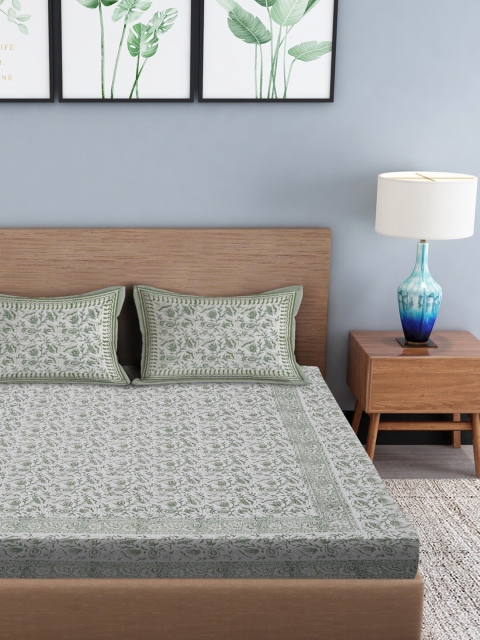 

Gulaab Jaipur White & Green Hand Block Printed 350 TC King Bedsheet with 2 Pillow Covers