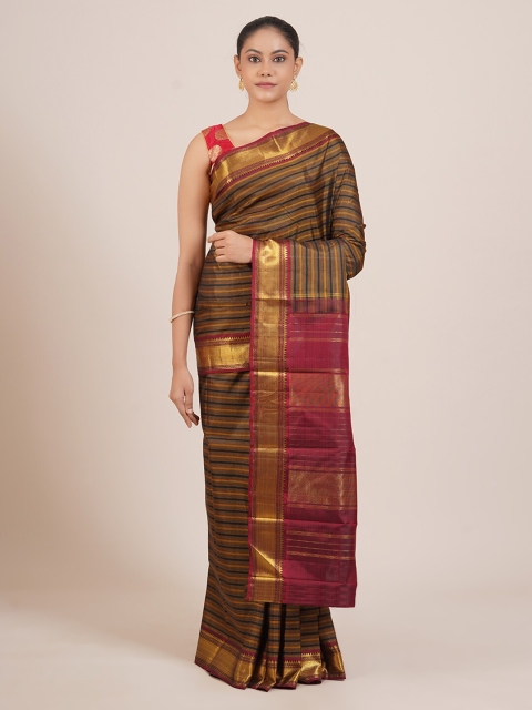 

Pothys Brown & Blue Striped Pure Silk Kanjeevaram Saree