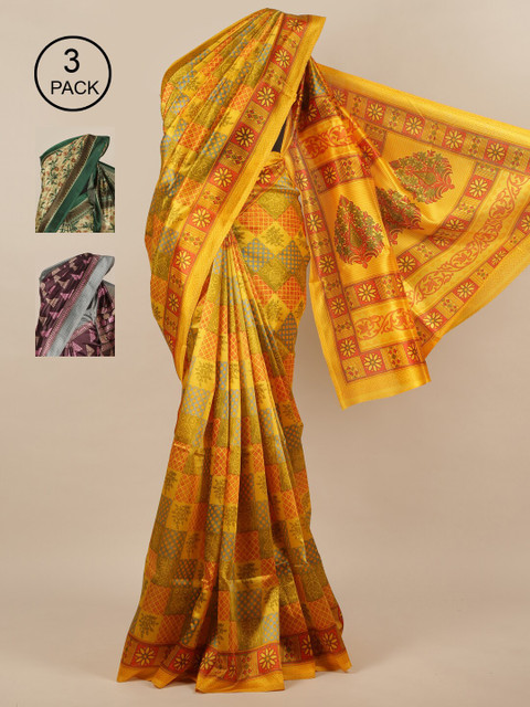 

Pothys Pack Of 3 Jute Silk Sarees, Yellow