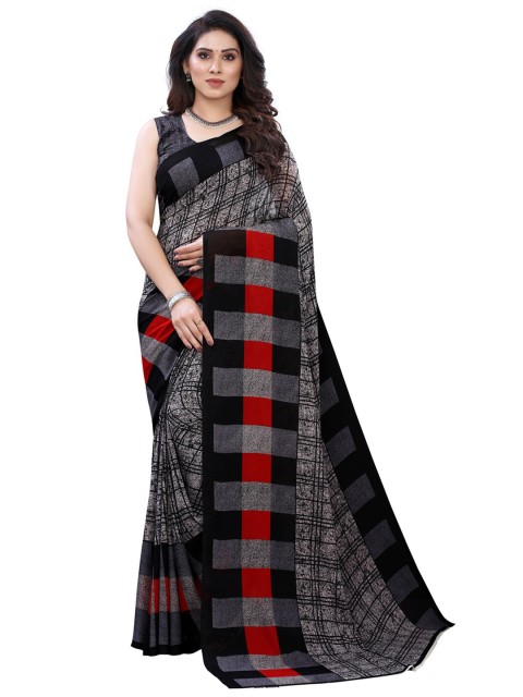 

KALINI Grey & Black Checked Pure Georgette Saree