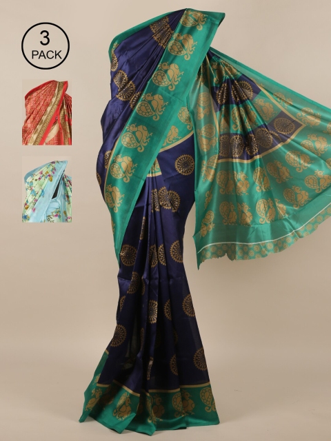 

Pothys Pack of 3 Jute Silk Printed Sarees, Navy blue