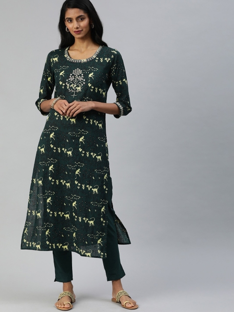 

Ishin Women Green Ethnic Motifs Embroidered Pure Cotton Kurta with Trousers