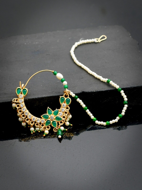 

Silvermerc Designs Gold-Plated White & Green Stone-Studded & Pearl Beaded Nose Ring