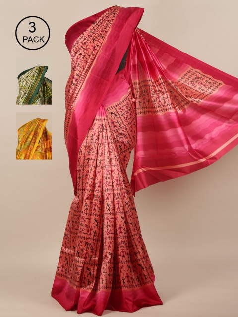 Pothys Pink & Green Ethnic Motifs Jute Silk Pack of 3 Saree