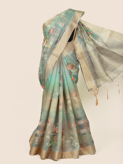 

Pothys Sea Green & Cream-Coloured Floral Zari Linen Blend Saree