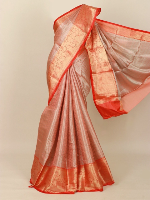 

Pothys Peach-Coloured & Red Ethnic Motifs Zari Art Silk Banarasi Saree