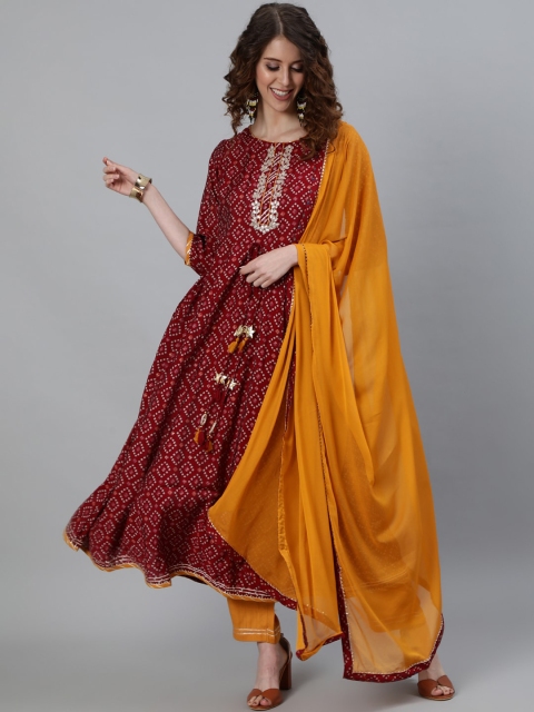 

Ishin Women Maroon Printed Angrakha Pure Silk Kurta with Trousers & With Dupatta