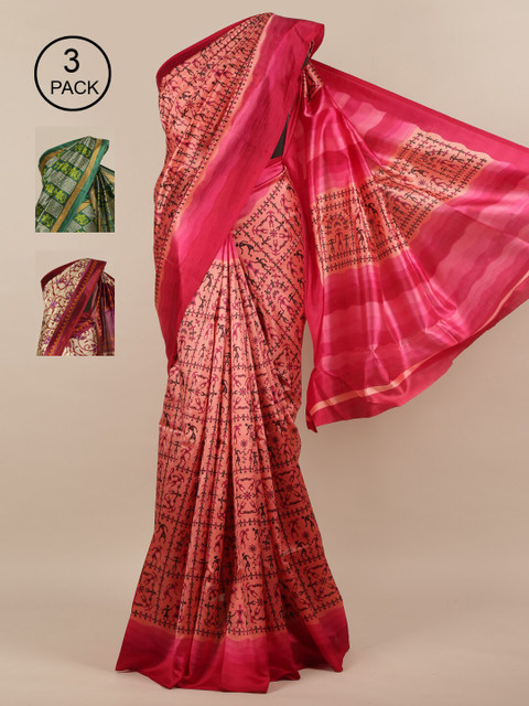 

Pothys Pink & Green Pack of 3 Ethnic Motifs Jute Silk Saree