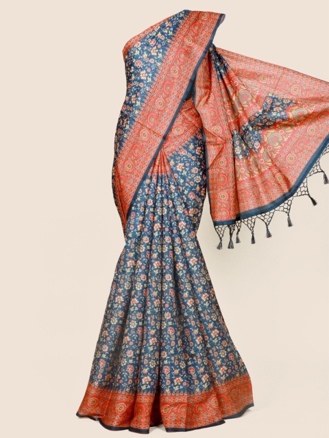 

Pothys Navy Blue & Red Ethnic Motifs Linen Blend Saree