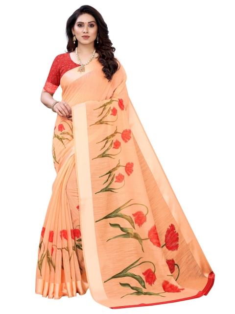 

KALINI Peach-Coloured & Green Floral Printed Saree