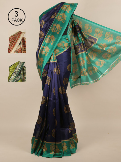 

Pothys Pack of 3 Jute Silk Printed Sarees, Blue