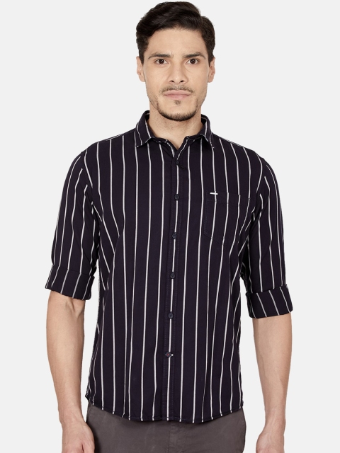 

Oxemberg Men Navy Blue Slim Fit Striped Cotton Casual Shirt