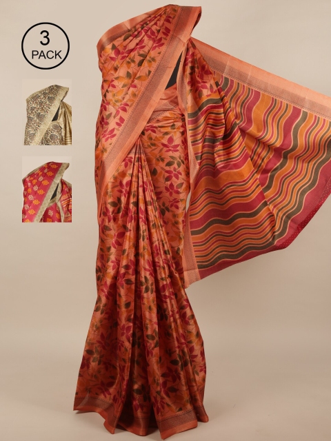 

Pothys Pack of 3 Jute Silk Printed Sarees, Pink