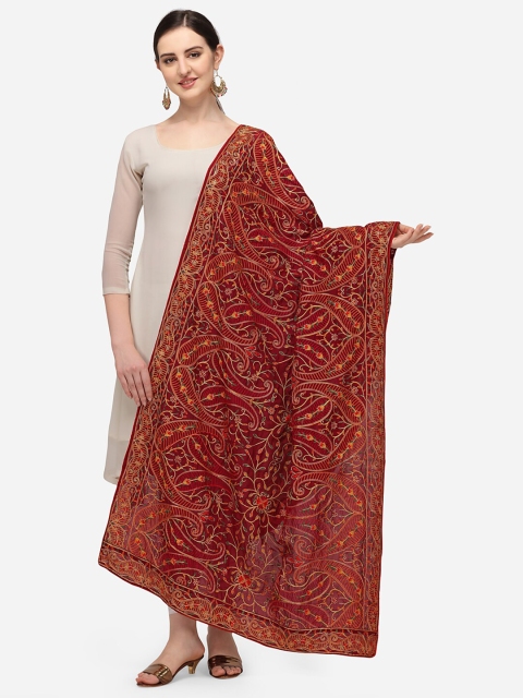 

VASTRANAND Maroon & Yellow Ethnic Motifs Embroidered Dupatta