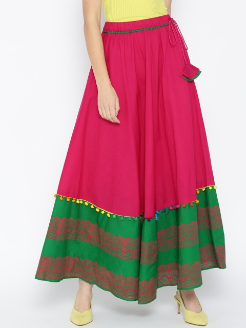

Shakumbhari Women Pink & Green Printed Pure Cotton Flared Maxi Skirt