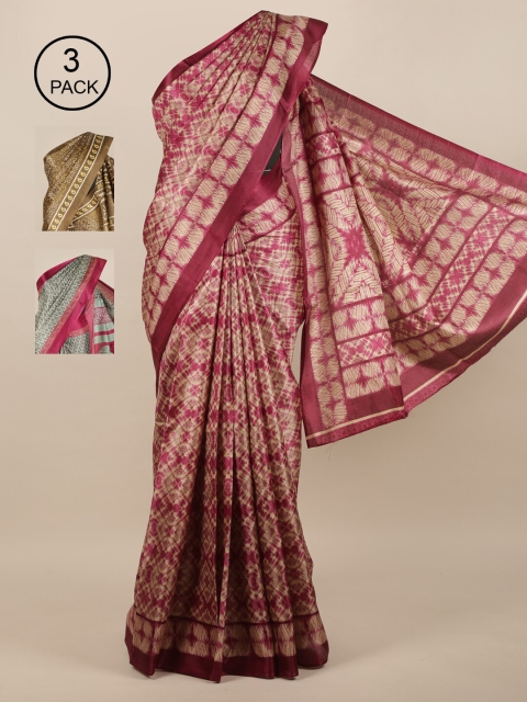 

Pothys Pink & Green Pack of 3 Ethnic Motifs Jute Silk Saree