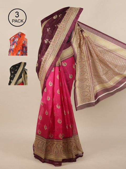 

Pothys Pack of 3 Jute Silk Printed Sarees, Purple