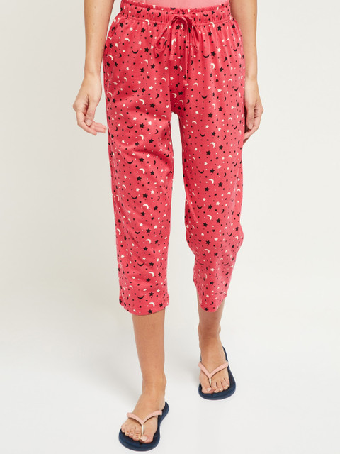 

max Women Fuchsia Pink & Black Printed Pure Cotton Lounge Capris