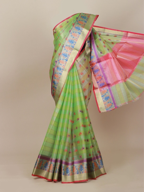 

Pothys Green & Blue Ethnic Motifs Art Silk Banarasi Saree