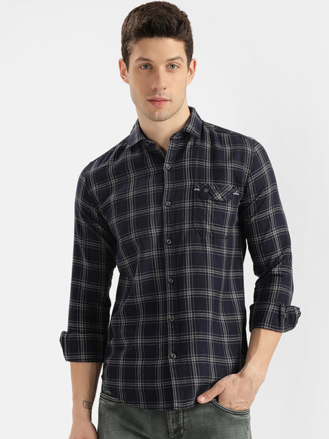 

V2 Value & Variety Men Navy Blue Slim Fit Tartan Checks Checked Casual Shirt